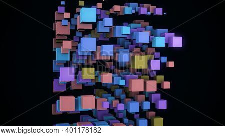 Abstract 3d Abstraction Of Vertical Colorful Cubes Spinning Isolated On Black Background. Animation.