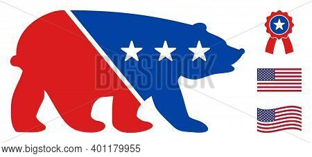 Bear Icon In Blue And Red Colors With Stars. Bear Illustration Style Uses American Official Colors O
