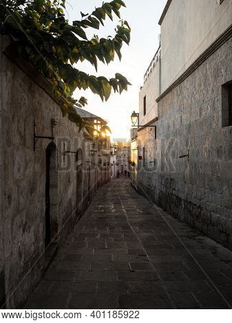 Picturesque Street Calle Los Cristales In Neighborhood Barrio San Lazaro In Historic Center Of Arequ