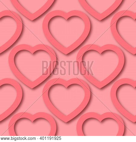 Cute Romantic Paper Cut Hearts On Pink Background Seamless Border Pattern. Saint Valentine Day Vecto