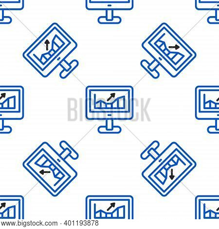 Line Computer With Stocks Market Growth Graphs And Money Icon Isolated Seamless Pattern On White Bac