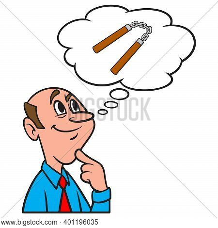 Thinking About A Pair Of Nunchaku - A Cartoon Illustration Of A Man Thinking About A Pair Nunchaku.