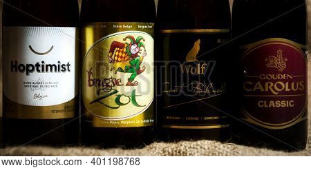 Belgian Speciality Beers Brugse Zot, Wolf Carte Blanche, Gouden Carolus And Hoptimist.