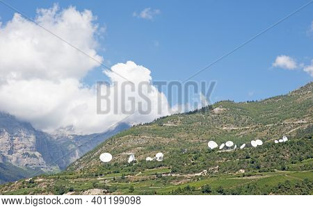 Radiotelescopes In The Mountains, Blue Sky With Clouds