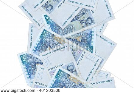 50 Croatian Kuna Bills Flying Down Isolated On White. Many Banknotes Falling With White Copy Space O