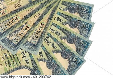 50 Nepalese Rupees Bills Lies Isolated On White Background With Copy Space Stacked In Fan Shape Clos