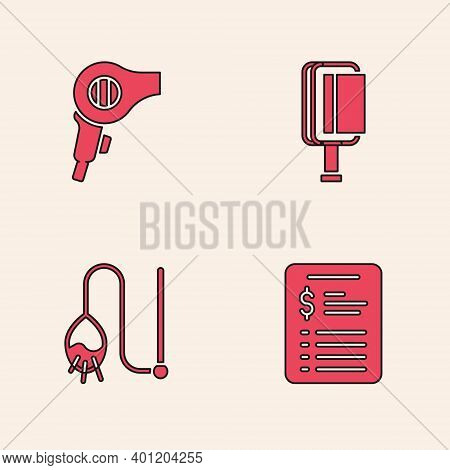 Set Grooming Salon Price List, Hair Dryer, Brush For Dog And Cat And Pet Toy Icon. Vector