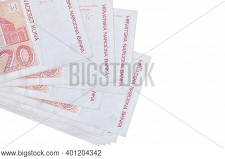 20 Croatian Kuna Bills Lies In Small Bunch Or Pack Isolated On White. Mockup With Copy Space. Busine