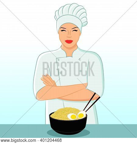 Portrait Of Smiling Young Woman Chef Or Cook Wearing Chef Hat And Uniform With A Bowl Of Ramen Noodl