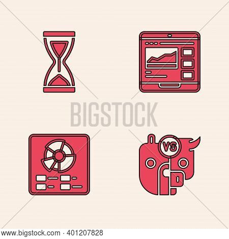 Set Bull And Bear Of Stock Market, Old Hourglass, Trading Courses And Pie Chart Infographic Icon. Ve