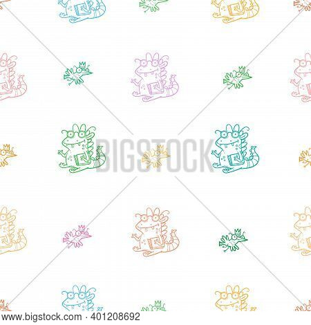 Seamless Pattern With  Cute Cartoon Smart Dragon On White Background. Funny Birds Print. Reading Rep