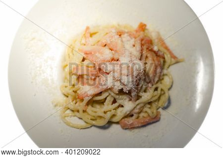Dish Of Spaghetti Alla Carbonara, Typical Italian Recipe Of Pasta With Guanciale, Egg Ad Pecorino Ro