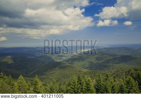 Summer Aerial Landscape Photography Of Carpathian Mountains Green Pine Trees Forest Foreshortening F