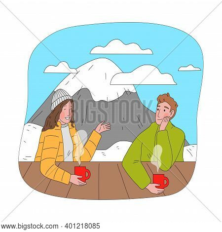 Happy Couple Sitting Drinking Hot Tea And Chatting After Practicing Snowboarding
