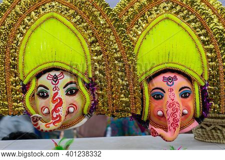 Colorful Chhou Masks Of Lord Ganesha, Indian Hindu God, On Display For Sale At Handicrafts Fair, Kol