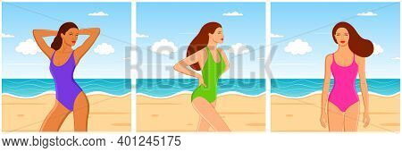 Beautiful Sexy Young Women Relaxing, Stretching And Posing In Swimsuit On The Beach. Colorful Flat C