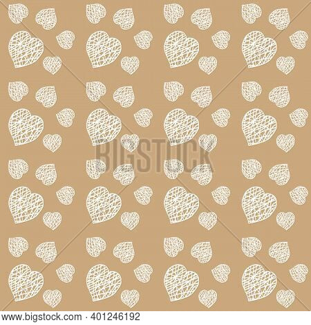 White Big And Small Doodle Heart On Craft Background. Seamless Pattern For Saint Valentins Day Or We