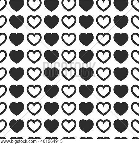 Black Hearts On White Background. Seamless Vector Romantic Love Valentine Pattern. Repeat Elements. 