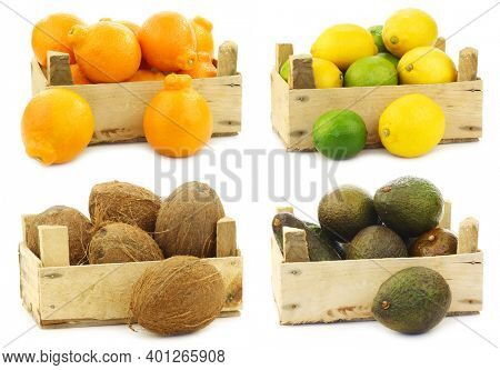  Minneola tangelo fruit, mixed lime and lemon coconuts and avocado's in a wooden crate on a white background