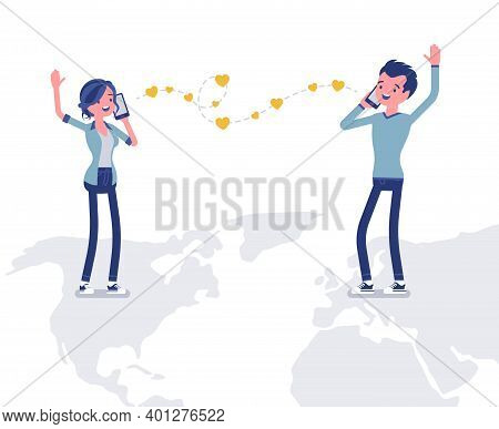 Love And Long Distance Romantic Relationship For Man, Woman. Separated Young People Communicate By P