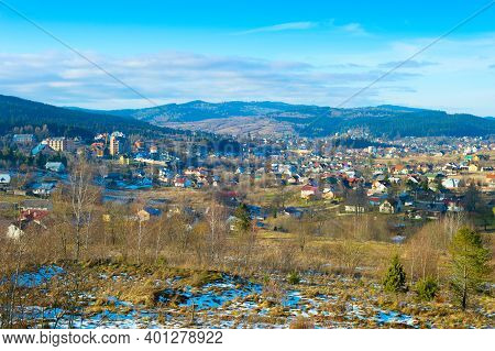 Winter Landscape With Carpathians Mountains Village. Skhidnytsya, Ukraine