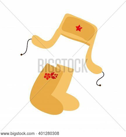 Russian Symbols Hat-earflaps, Valenki Vector Illustration Isolated On White Backdrop, Travel Flat Ic