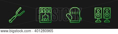 Set Line Oven Glove, Barbecue Fork, Matchbox And Matches And Stereo Speaker. Gradient Color Icons. V