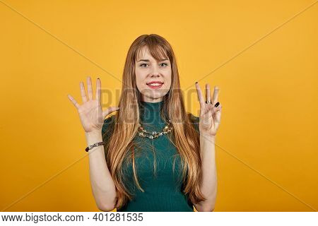 Showing Eight 8 Fingers Hand Gesture, Show The Number With Hands, Pointing Up Arm While Smiling Conf