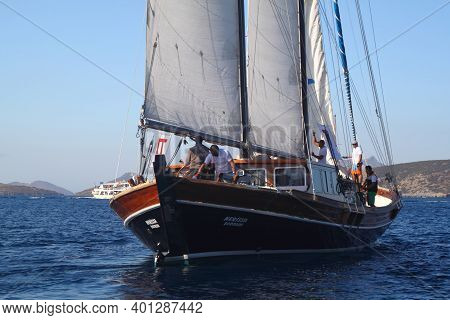 Bodrum, Turkey, 18 October 2016: Bodrum Sailing Cup, Gulet Wooden Sailboats And Sailing Yachts Racin