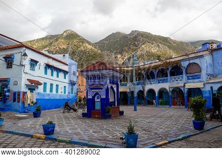 Chefchaouen, Morocco - 20 October, 2019: Plaza El Hauta With Public Fountain In Blue City, Morocco