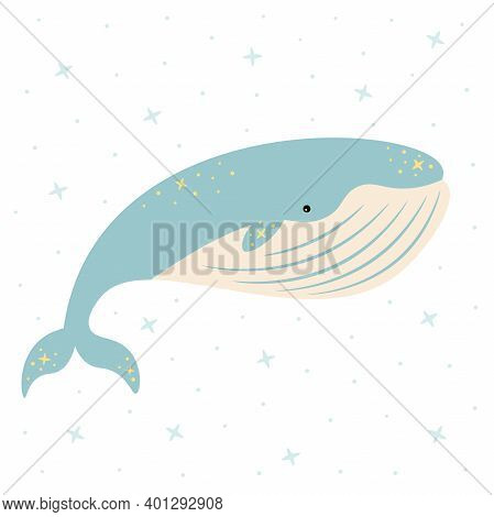 Vector Kids Dreamy Illustration Of A Whale With Stars In Tender Colors. Baby Animals. Baby Shower. N