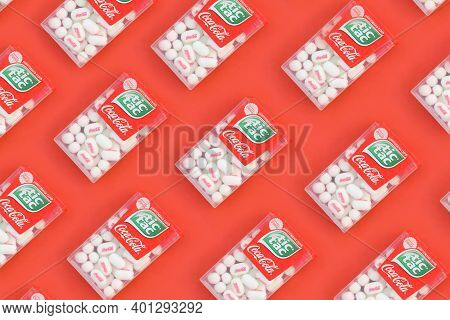 Kharkov, Ukraine - October 17, 2020: Many Tic Tac Candy Packages With Coca-cola Taste. Tic Tac Is Po