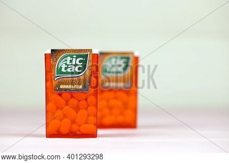 Kharkov, Ukraine - November 24, 2020: Tic Tac Drops With Orange Flavour. Tic Tacs Are Manufactured B