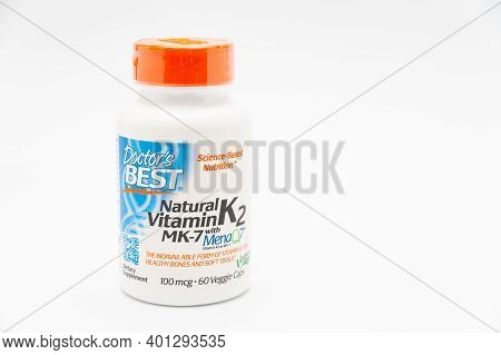 Fuji City, Shizuoka-Ken, Japan - November 7, 2020: Doctors Best, Natural Vitamin K2 MK-7 with MenaQ7, 100 mcg, 60 Veggie Caps. Isolated on white background. Horizontal shot. Copy space.