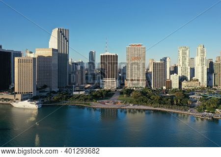 Miami, Florida - December 27, 2020 - Aerial View Of City Of Miami And Bayfront Park On Sunny Autumn 