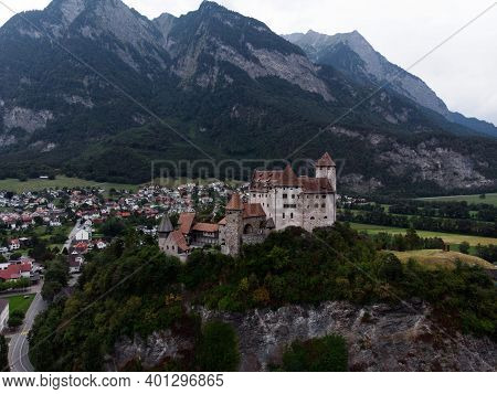 Panoramic View Of Burg Gutenberg Medieval Castle On A Hill In Balzers Liechtenstein Alps Mountains