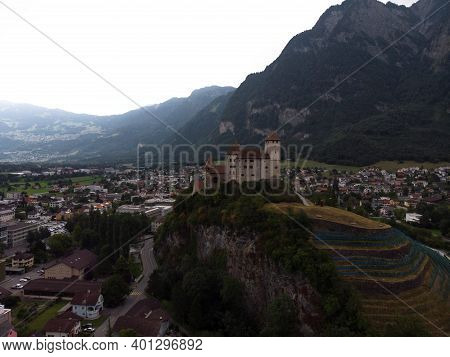 Panoramic View Of Burg Gutenberg Medieval Castle On A Hill In Balzers Liechtenstein Alps Mountains