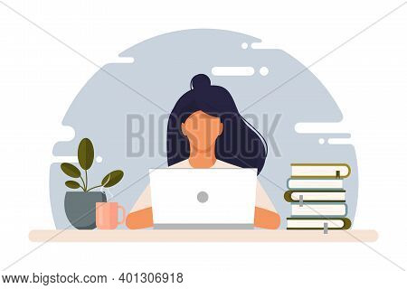 Girl With Laptop Sitting On The Chair. Freelance Or Studying Concept. Work At Home. Vector Stock Ill