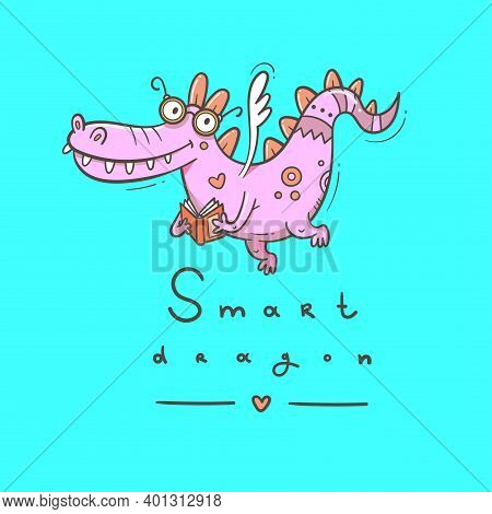 Card With A Cute Smart Dragon. Funny Crocodile Print. Reading Reptile Poster. Vector Doodle Line Art