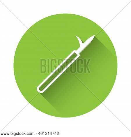 White Metal Pike Pole With Wooden Handle Icon Isolated With Long Shadow. Spear, Pickaxe, Hook Hand E
