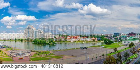 Minsk, Belarus, July 26, 2020: Aerial Panoramic View Of Historical City Centre With Svislach Or Svis