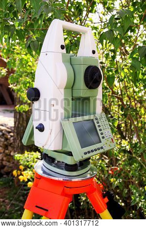 Total Station. Survey Instrument Geodetic Device, Total Station Set In The Field.