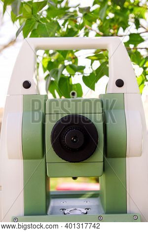 Part Of Total Station Instruments Telescope Focusing Ring. Survey Instrument Geodetic Device, Total 
