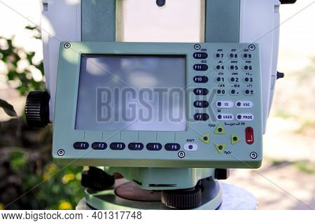 Part Of Total Station Instruments Display And Keyboard. Survey Instrument Geodetic Device, Total Sta