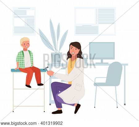 Female Neuropathologist Examining Child. Boy With Doctor With A Reflex Hammer In Medical Office. Kid