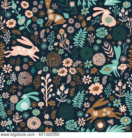 Beautiful Seamless Pattern  With Rabbit, Easter Bunny  And Meadow Spring Flowers, Leaves. Cute Baby 