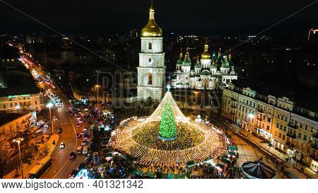 Kyiv, Ukraine - December 28, 2020: Decorated Christmas Tre On Sofiivska Square.