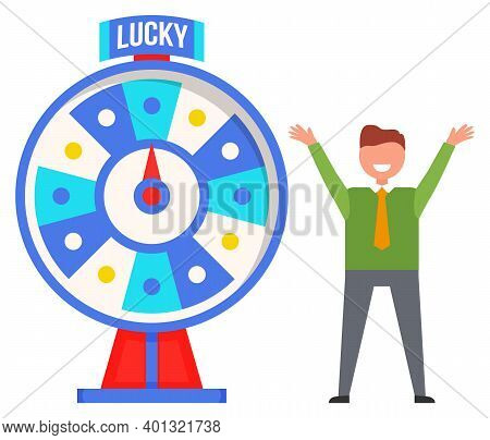 Game Fortune Wheel Concept. Man Playing Risk Game With Fortune Wheel And Lottery. Casino And Gamblin