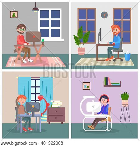 Set Of Remote Work. People Working At Home, Self And Time Management. Young Males Freelancers Workin