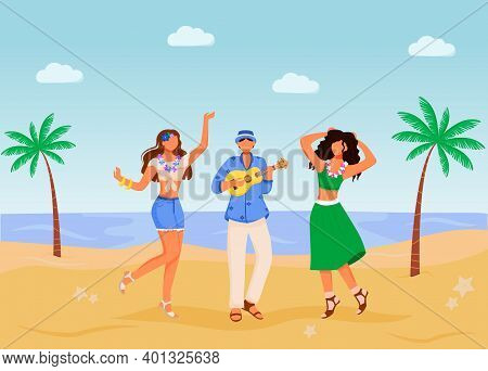 Beach Party Flat Color Vector Illustration. Females In Summer Clothing. Ethnic Celebration. Standing